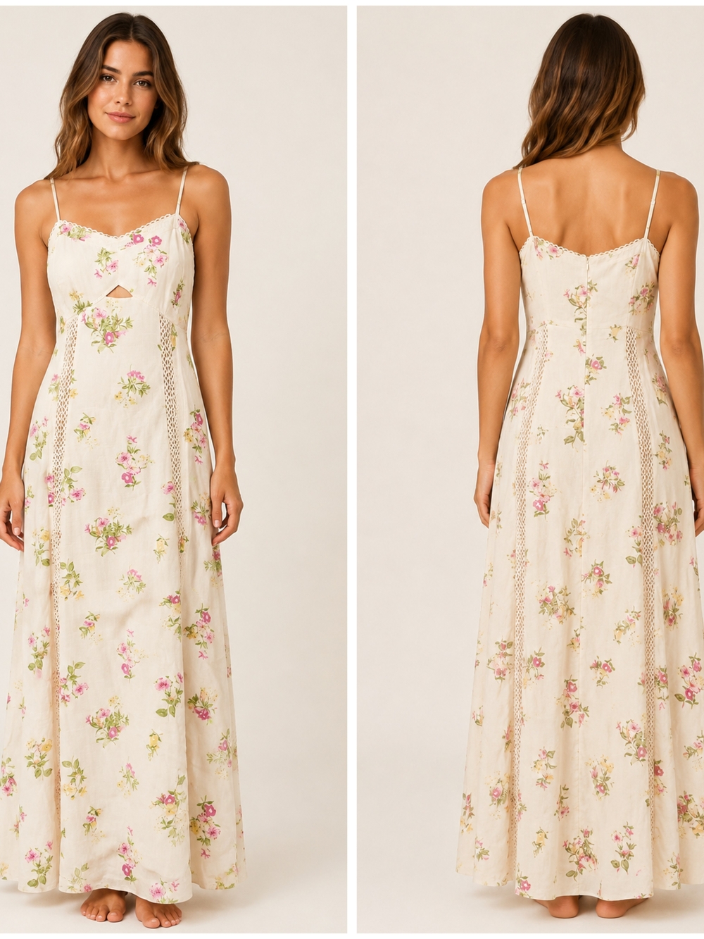 Caroline Constas, Cream Linen Blend Floral Maxi Dress, Size Large